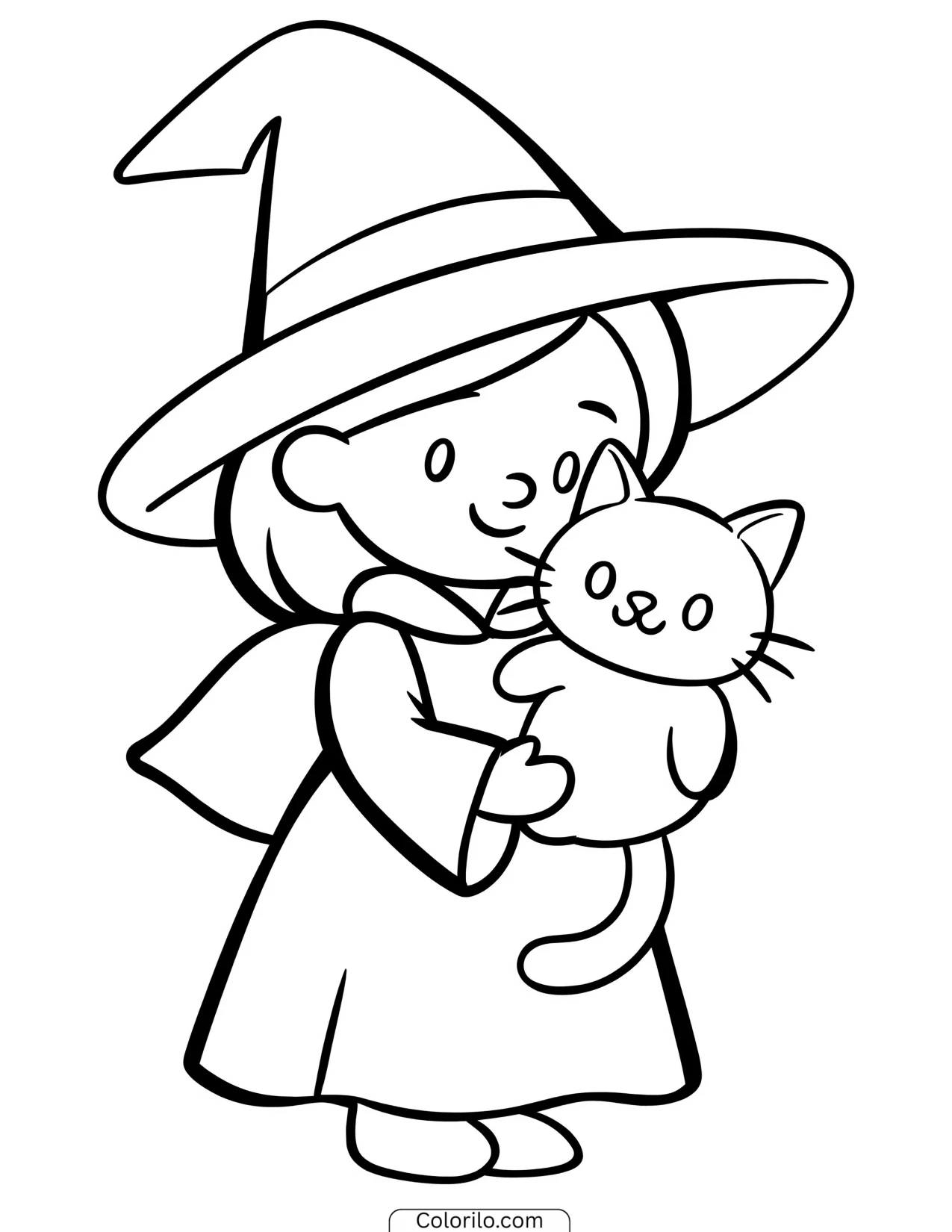 Little witch holding a black cat coloring page