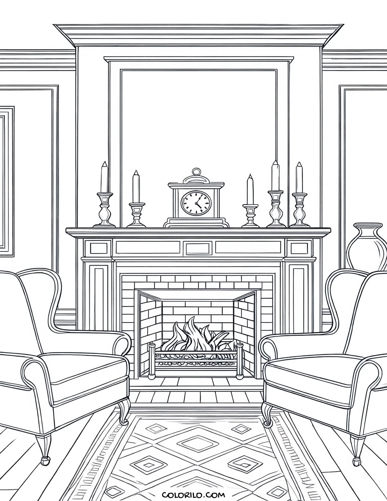 A living room with a fireplace and armchairs coloring page