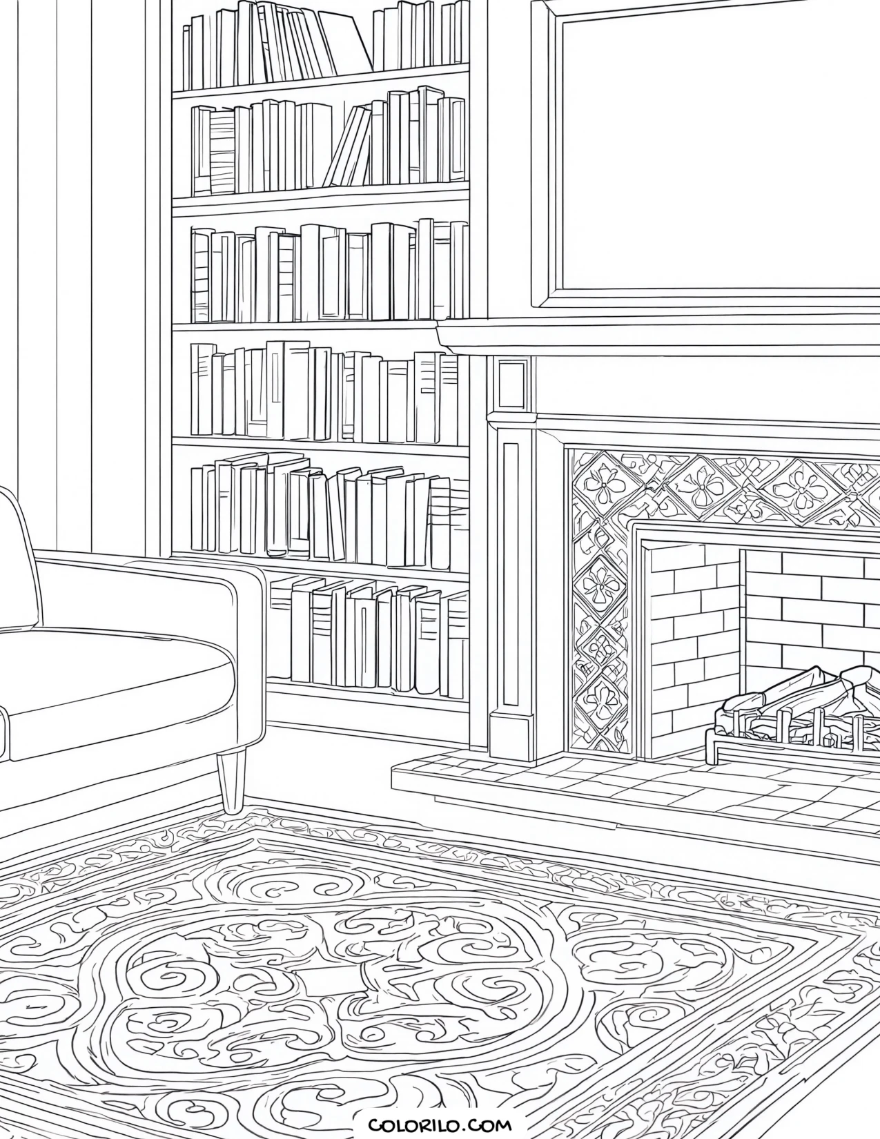 A living room with a patterned rug and fireplace coloring page