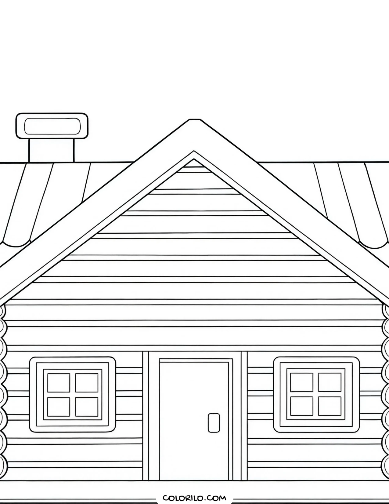 A log cabin with a chimney and porch coloring page