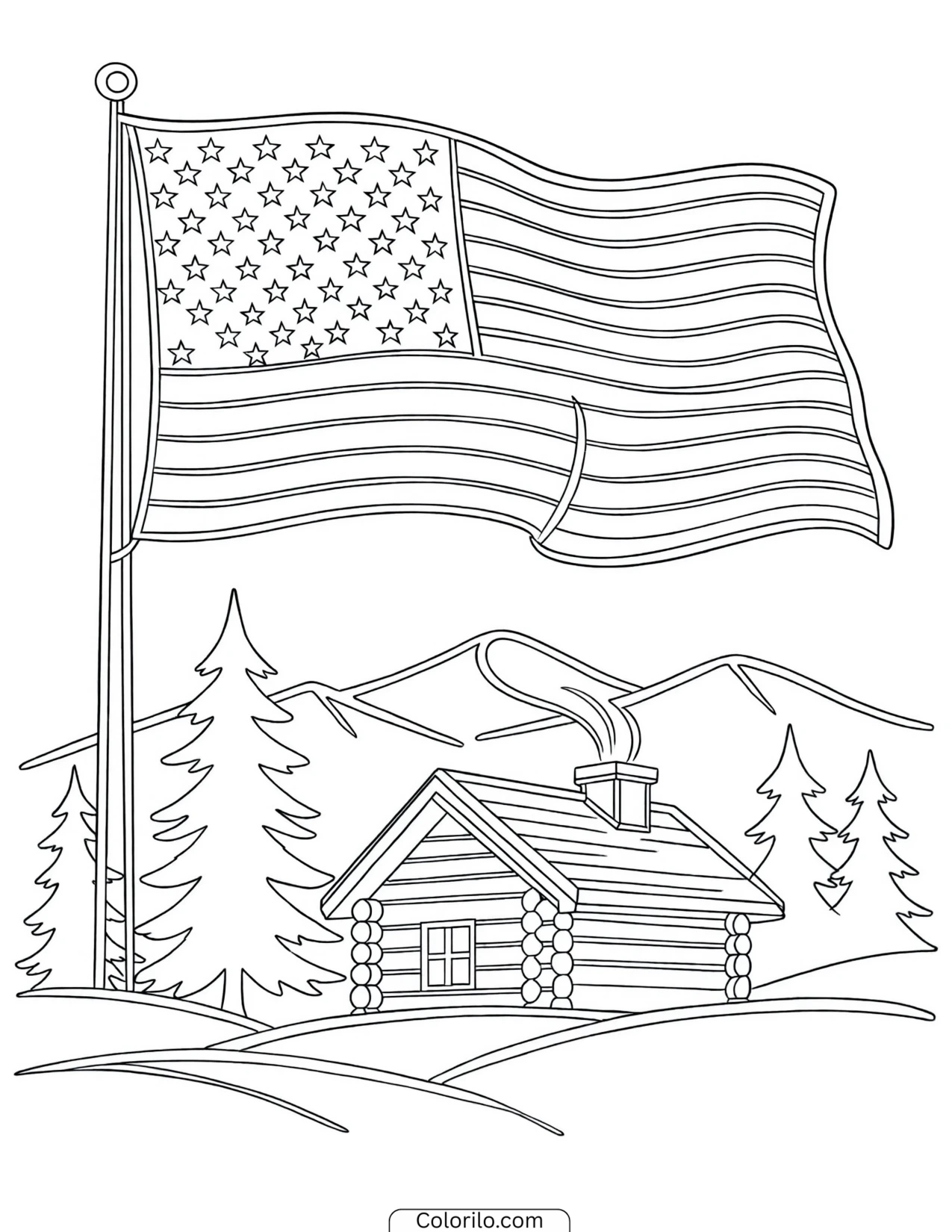 Log cabin with an American flag outside coloring page