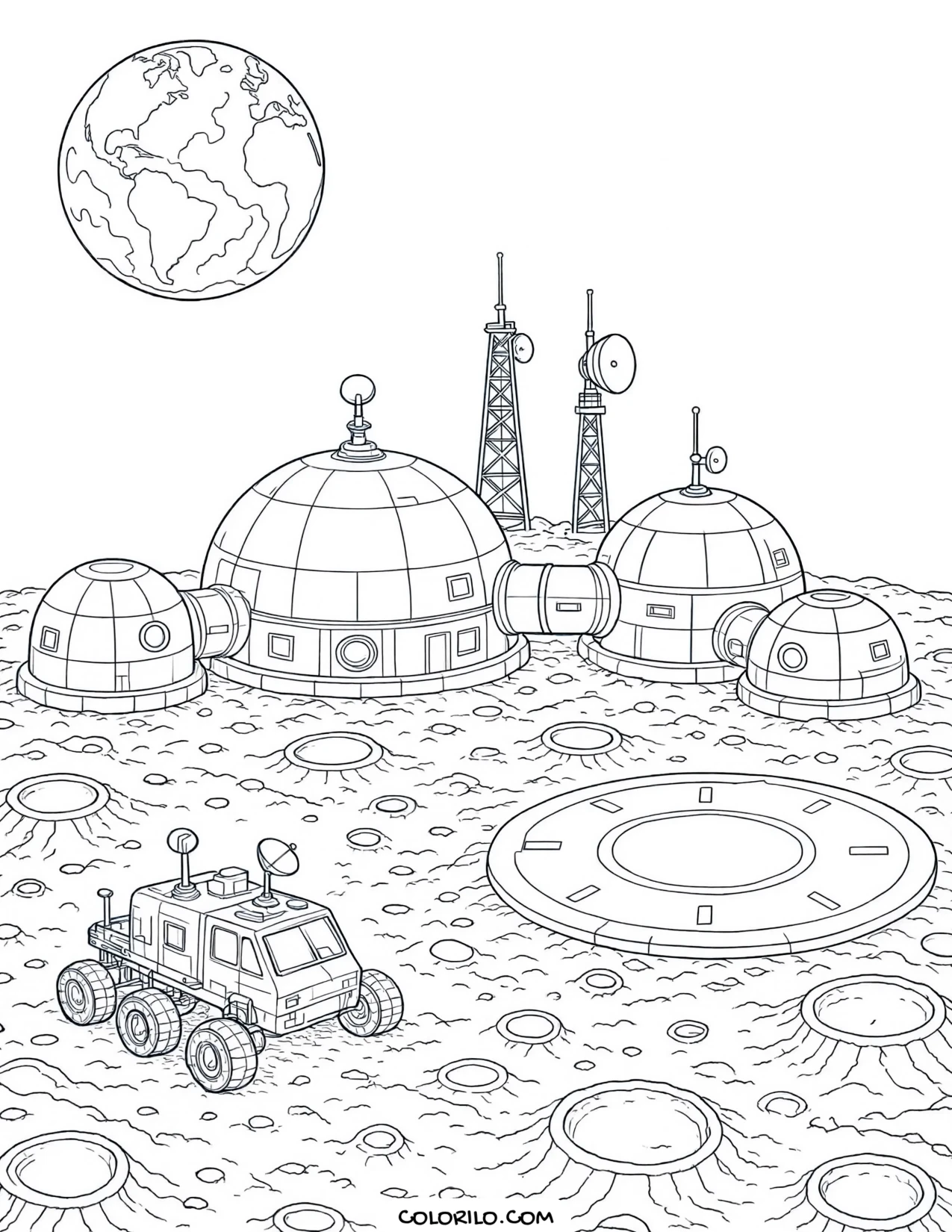A base complex built on the Moon coloring page