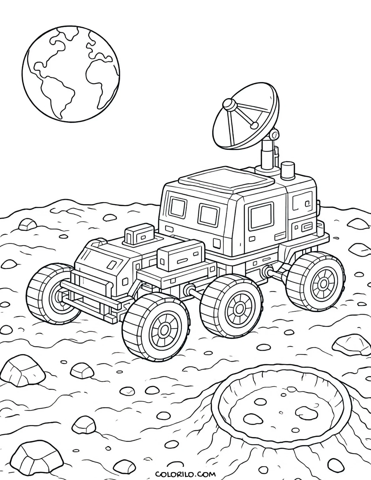 A rover driving across the Moon coloring page