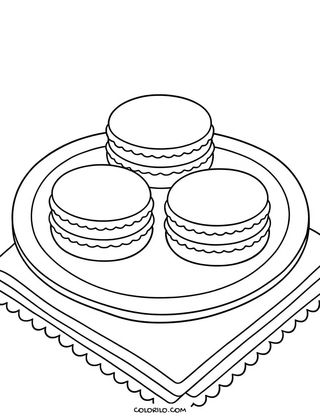 Three macarons on a plate with a napkin coloring page