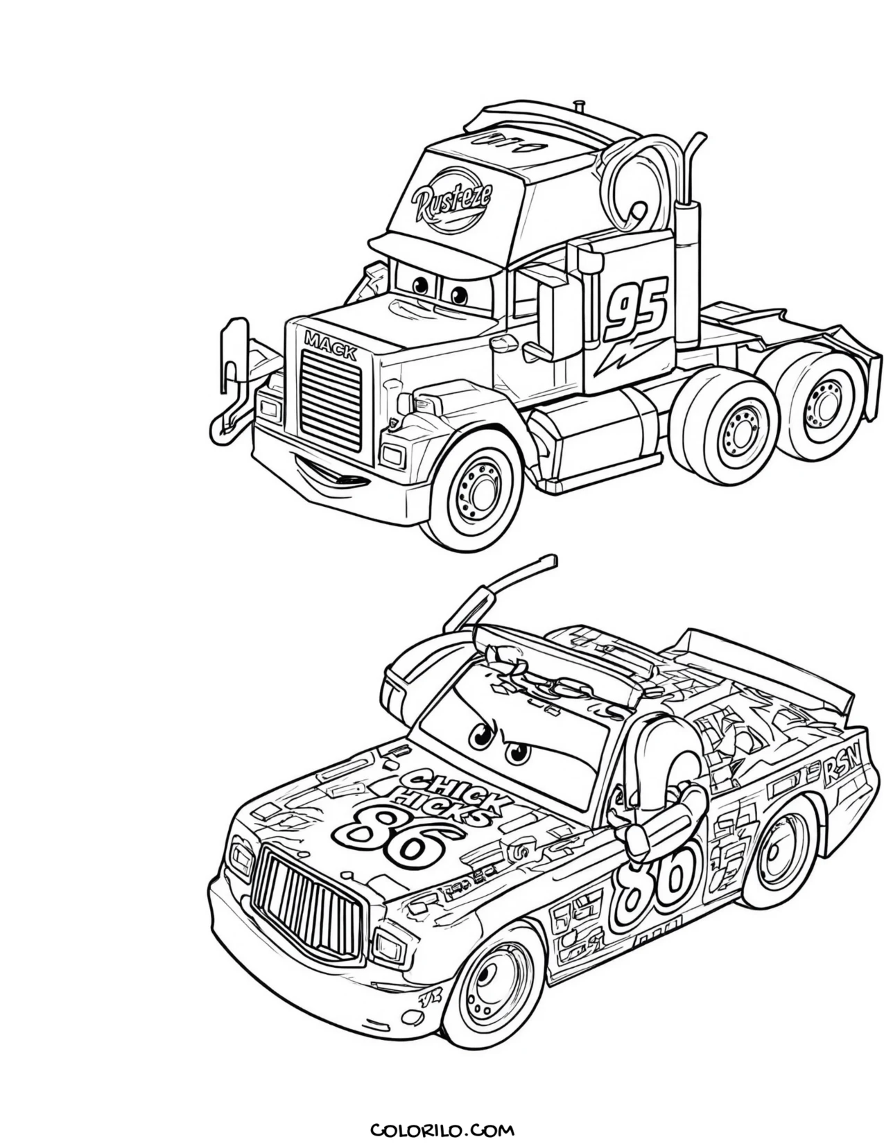 Mack the truck with Chick Hicks coloring page