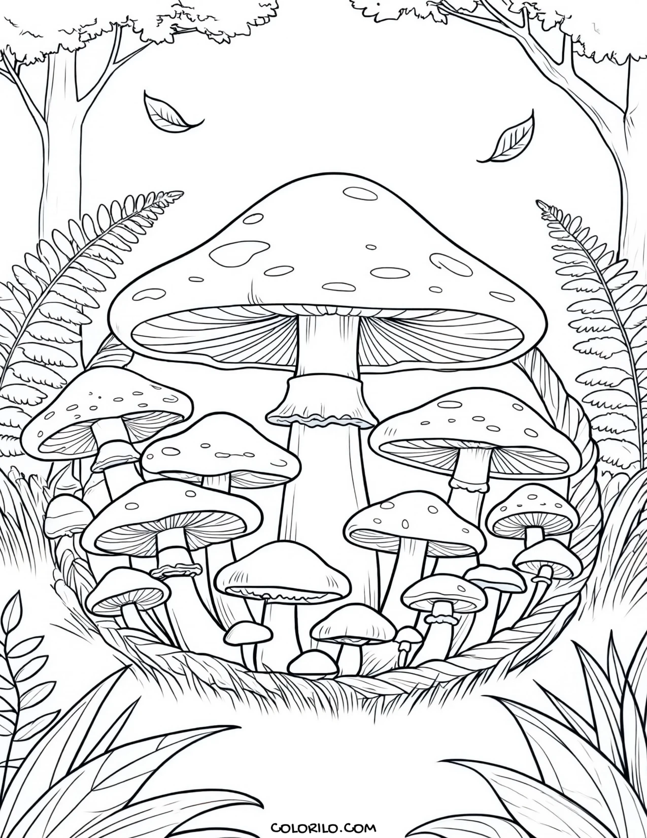 A magical ring of mushrooms in the woods coloring page