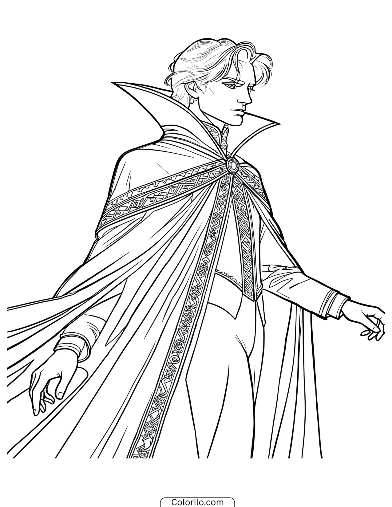 Man wearing an ornate flowing cloak coloring page