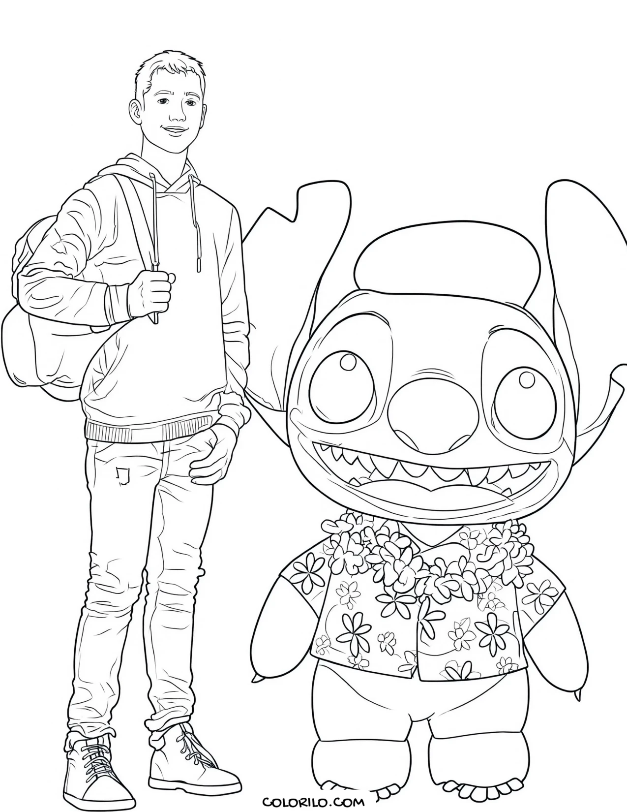A man standing beside Stitch coloring page