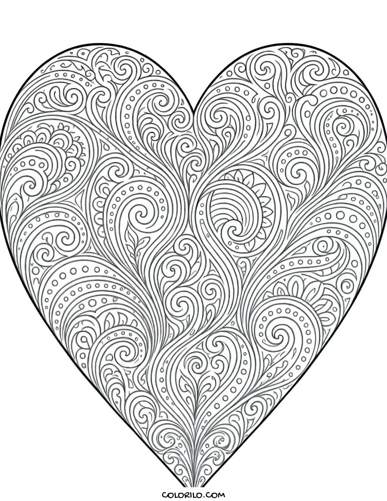 A mandala drawn inside a heart coloring page