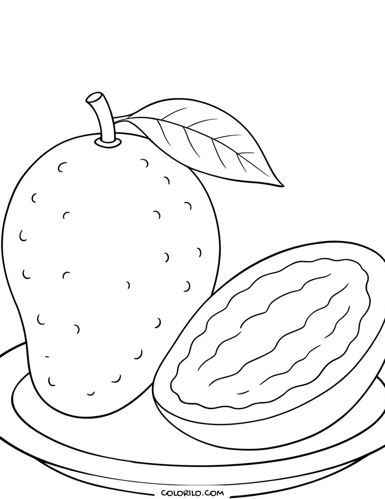 A whole mango beside slices on a plate coloring page