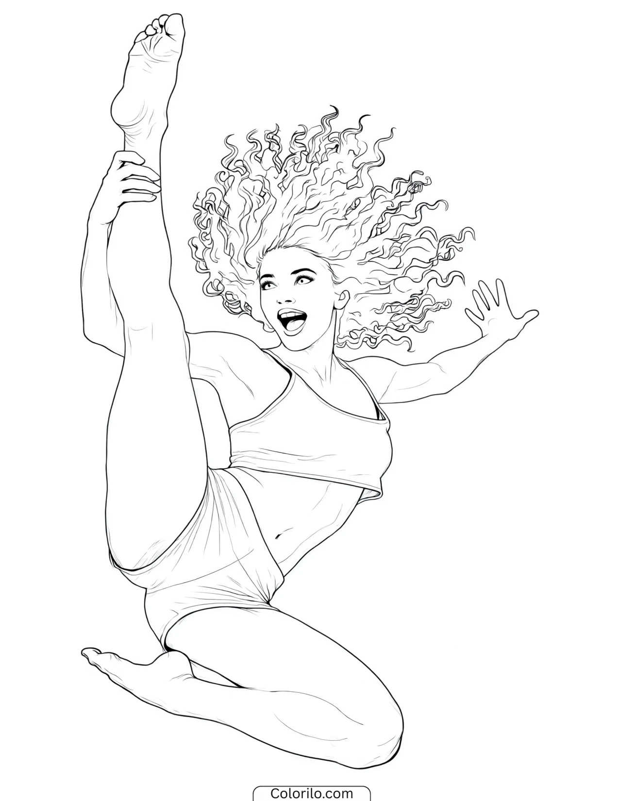 Manon of KATSEYE in a high jumping dance kick coloring page