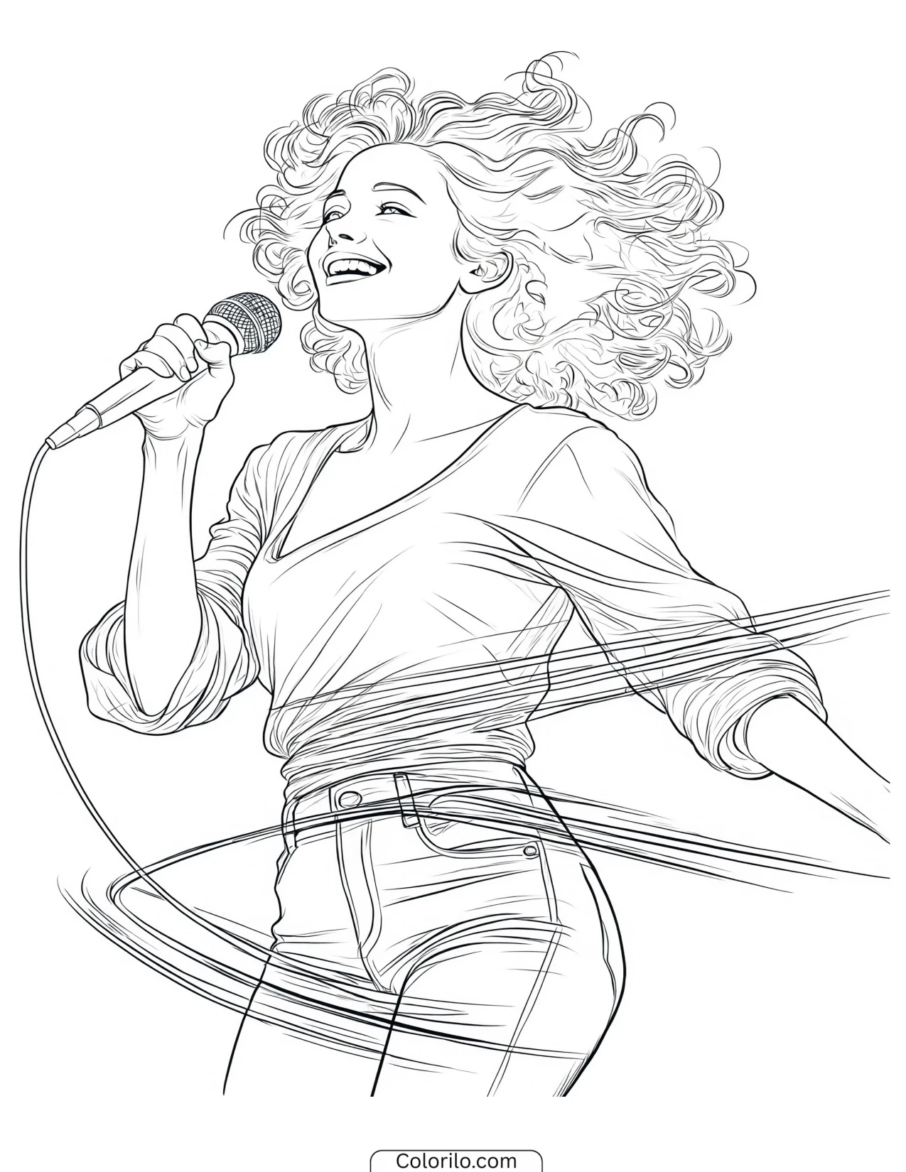 Manon of KATSEYE spinning while holding a microphone coloring page