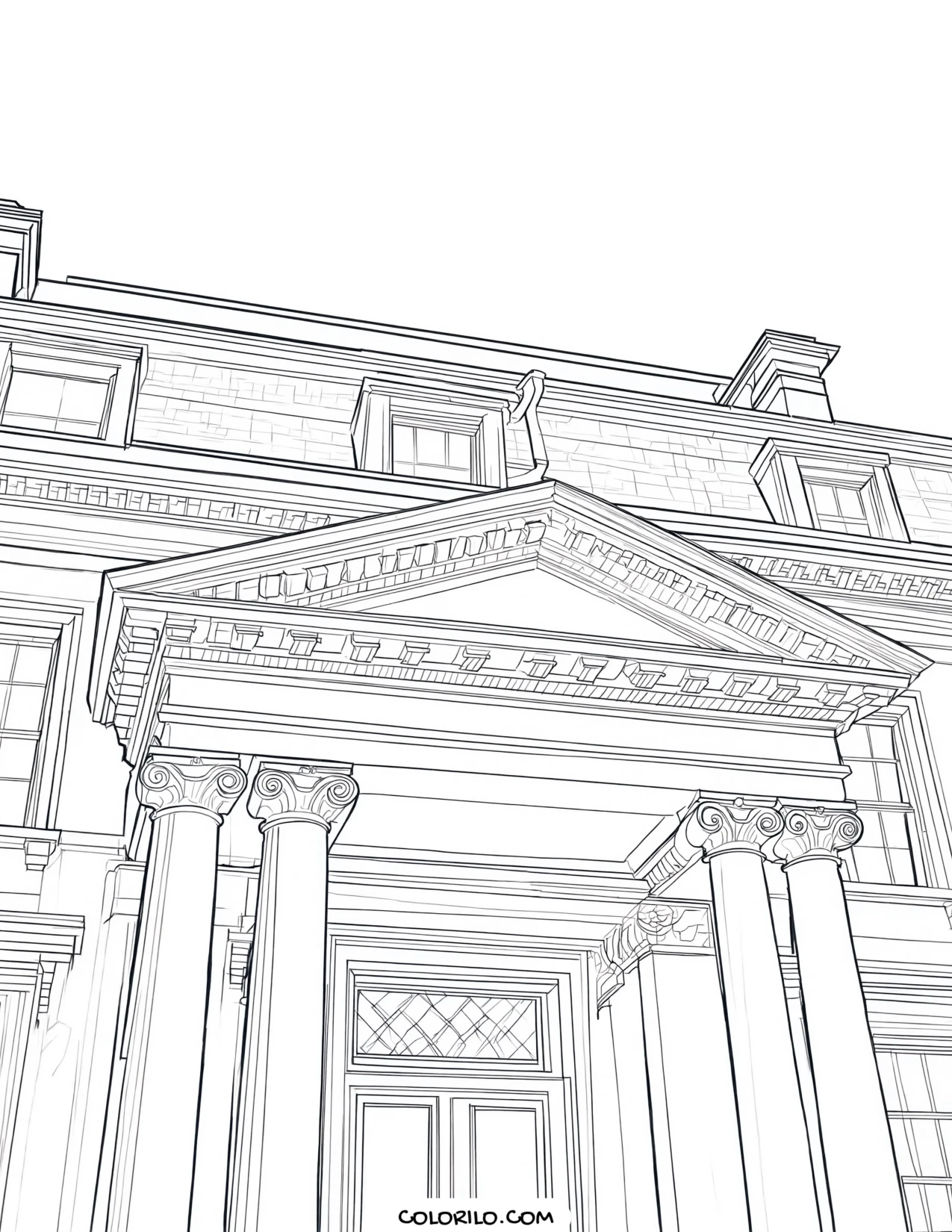 A mansion facade with columns and a pediment coloring page