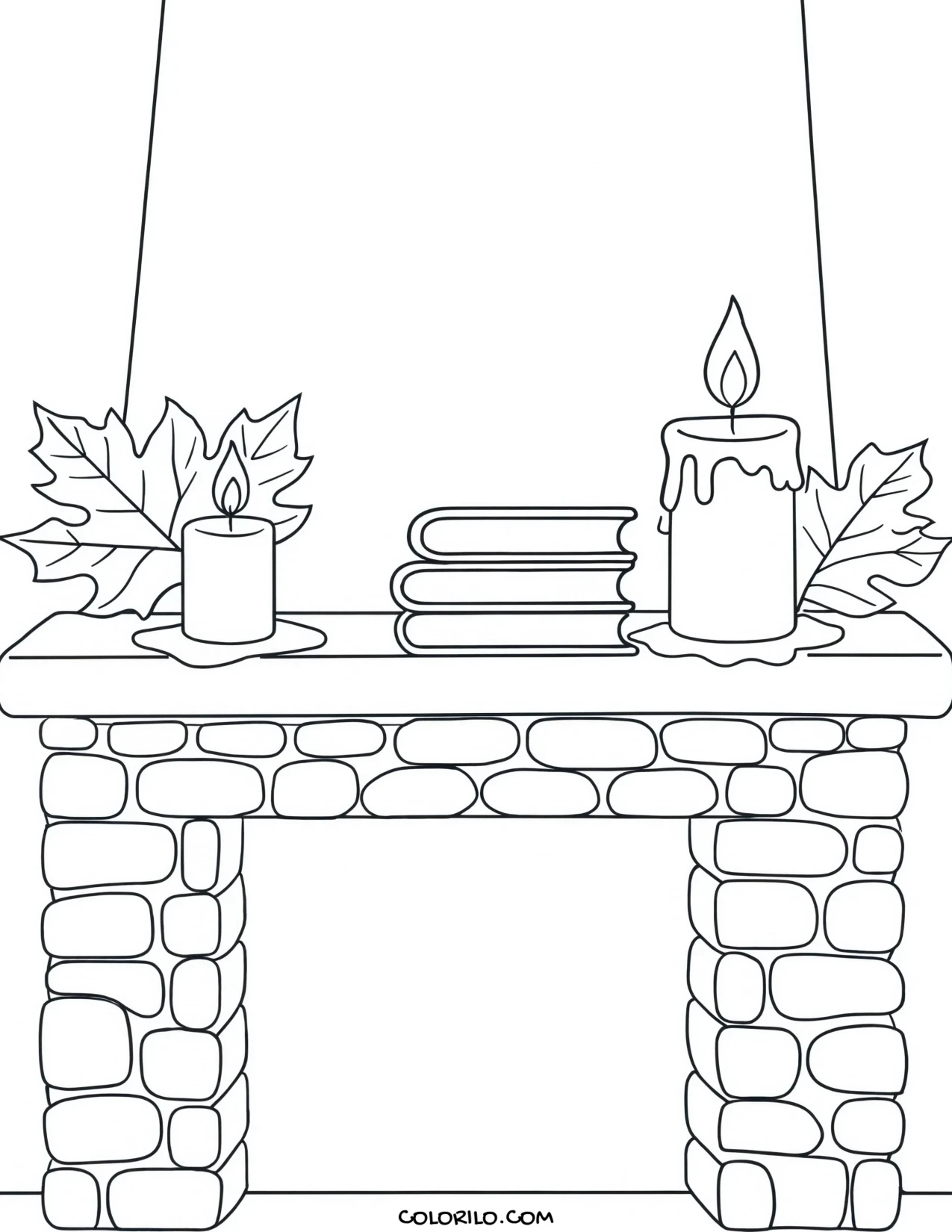 A mantelpiece with books and candles coloring page