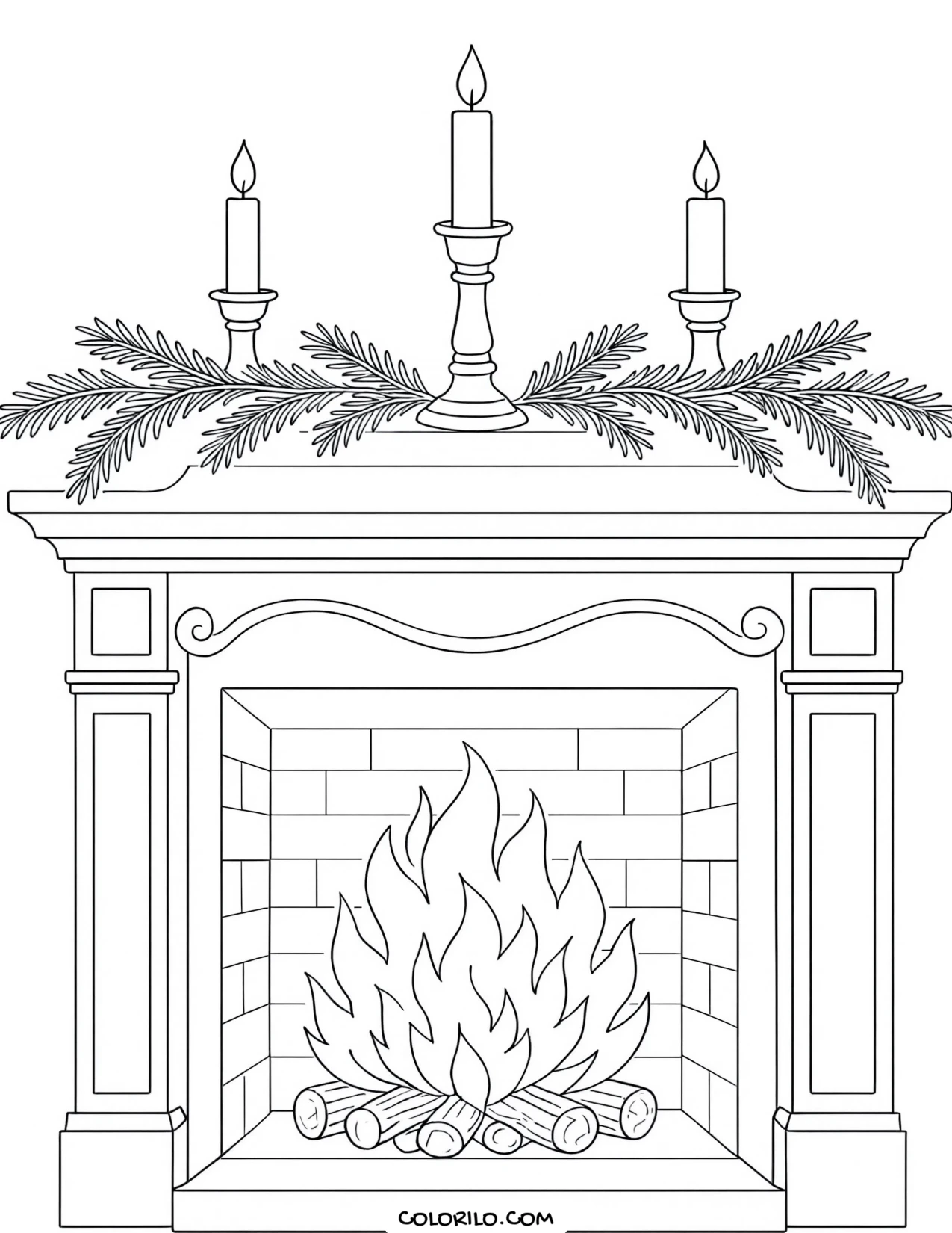 A mantelpiece decorated with pine and candles coloring page