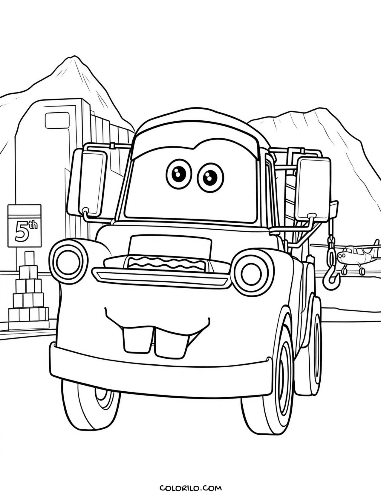 Mater with his tow hook in the desert coloring page