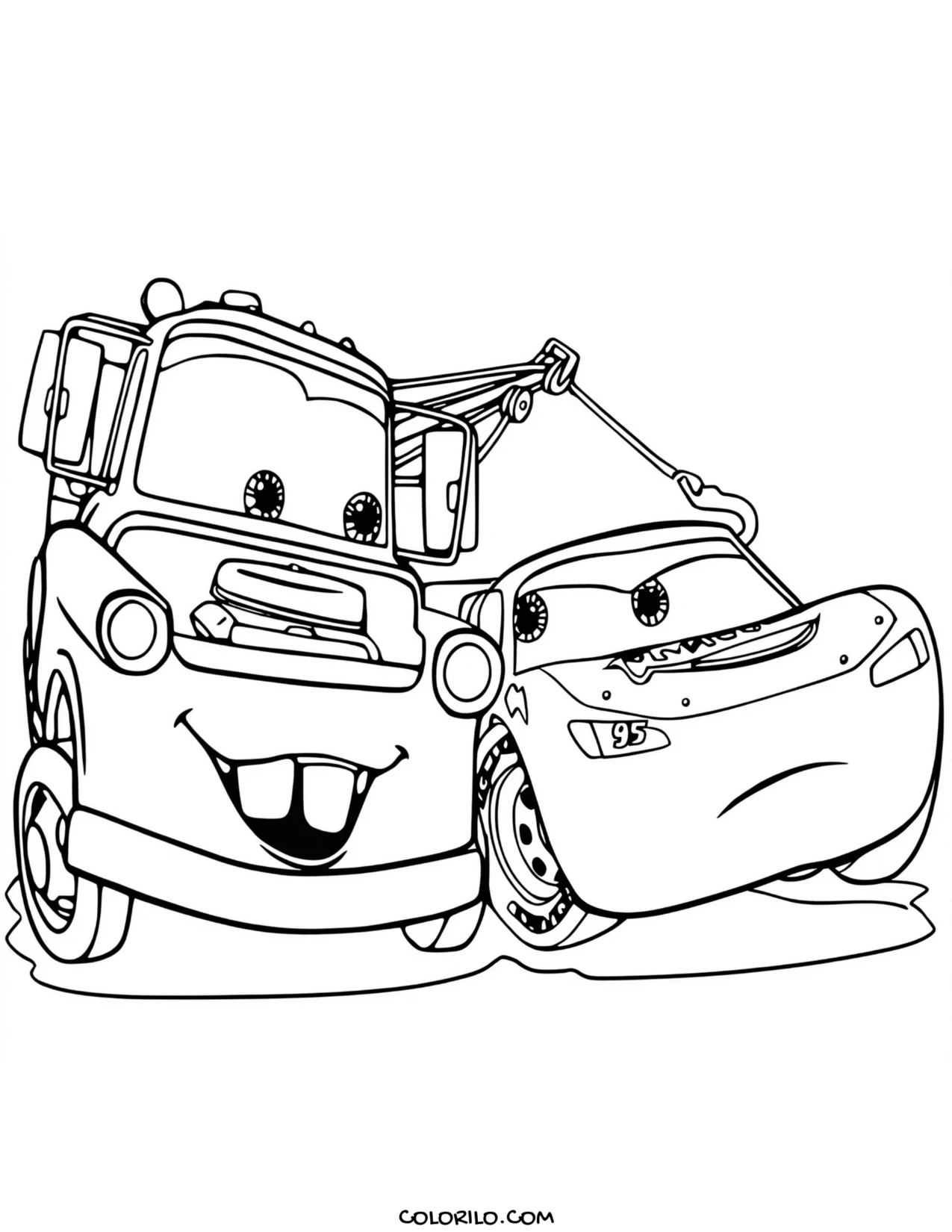 A close-up of Mater and Lightning McQueen coloring page