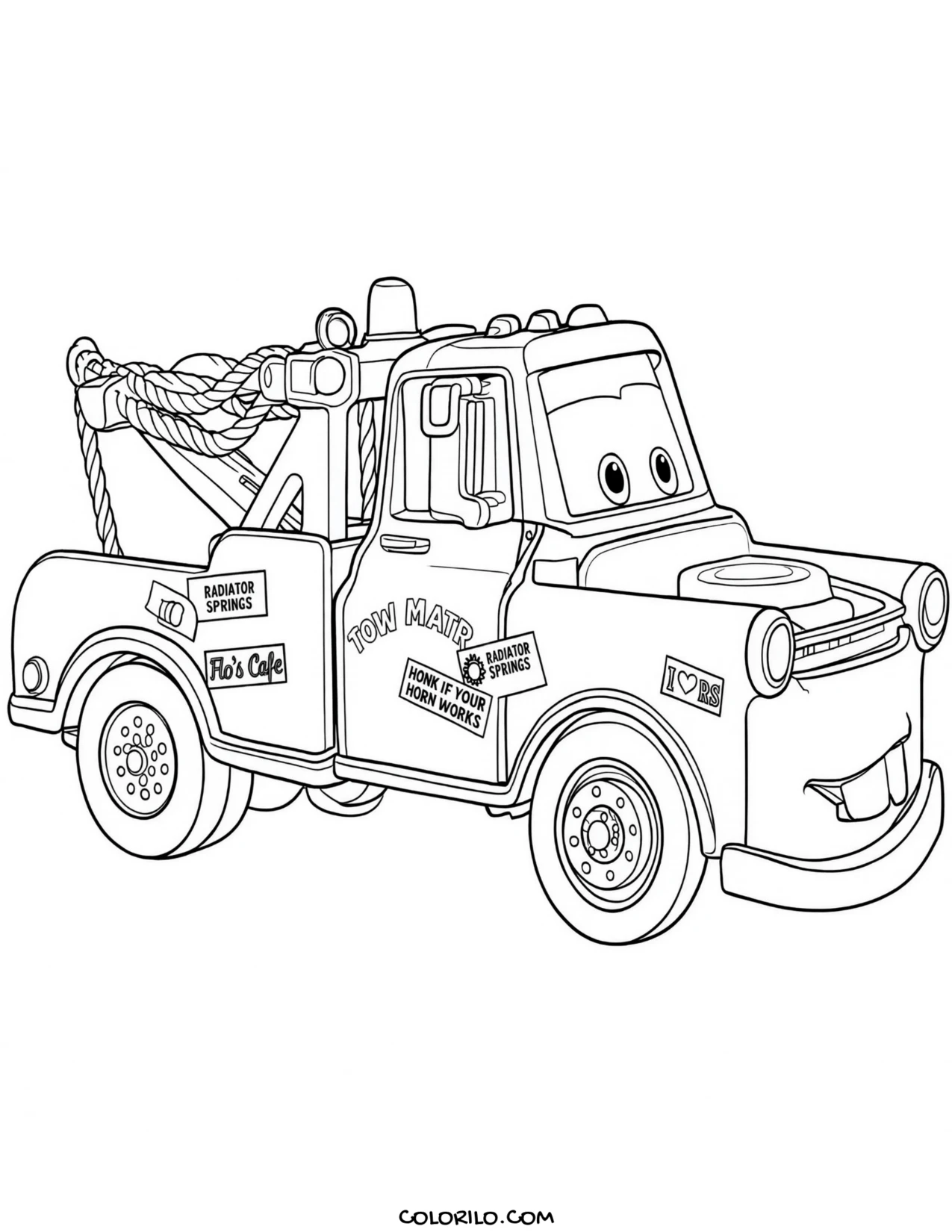 Mater covered in Radiator Springs stickers coloring page