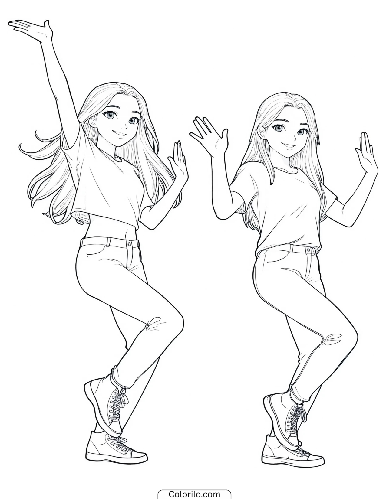 Megan and Yoonchae of KATSEYE dancing side by side coloring page