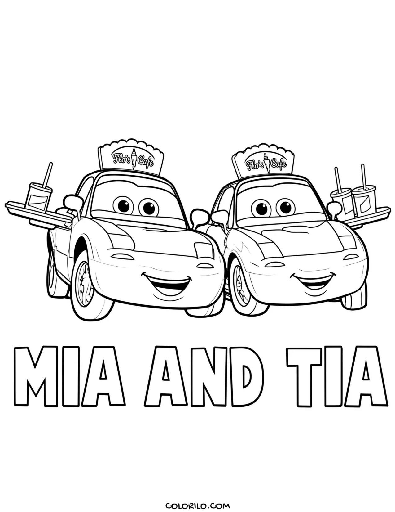 Mia and Tia outside Flo's cafe coloring page