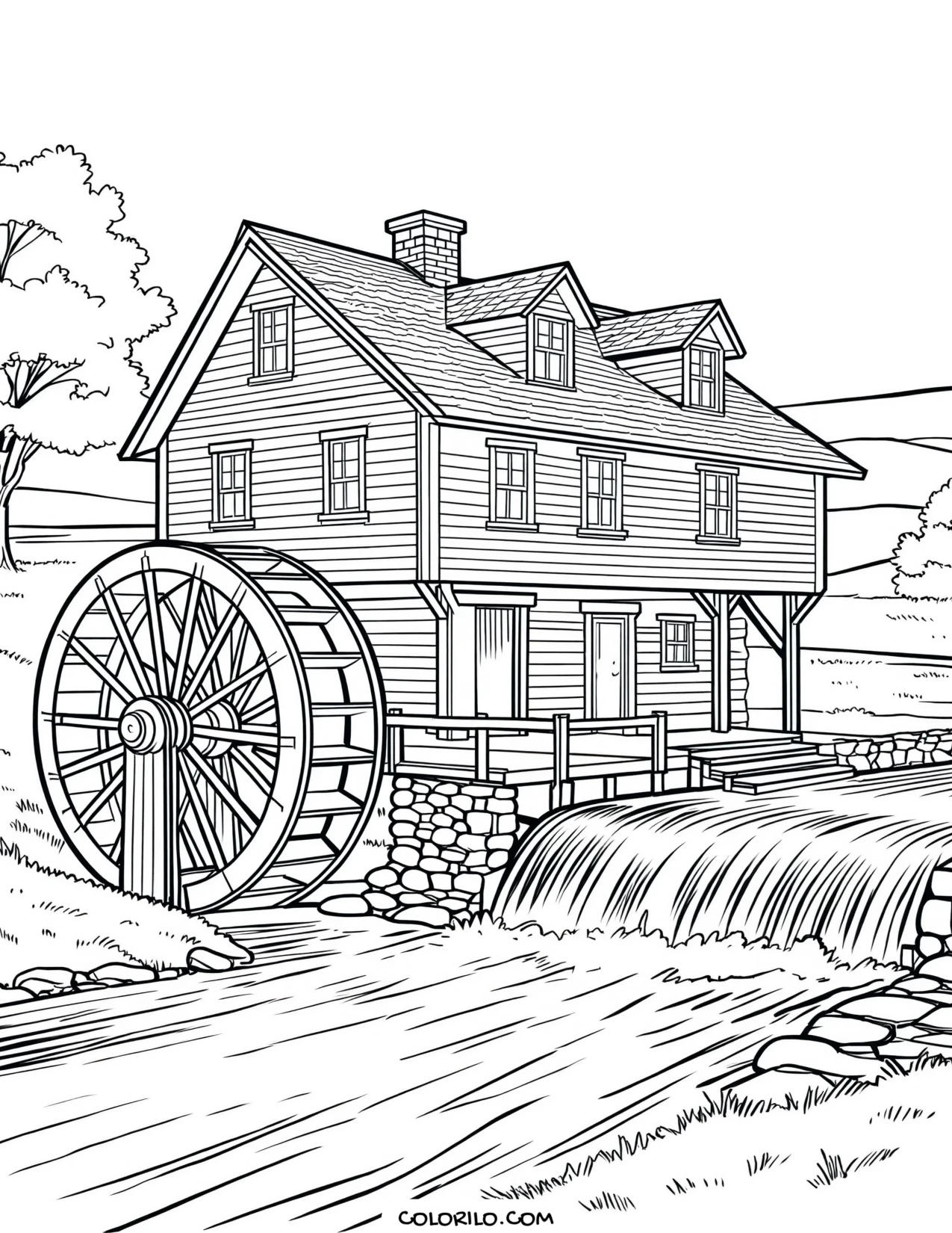 A watermill with its wheel turning in the stream coloring page
