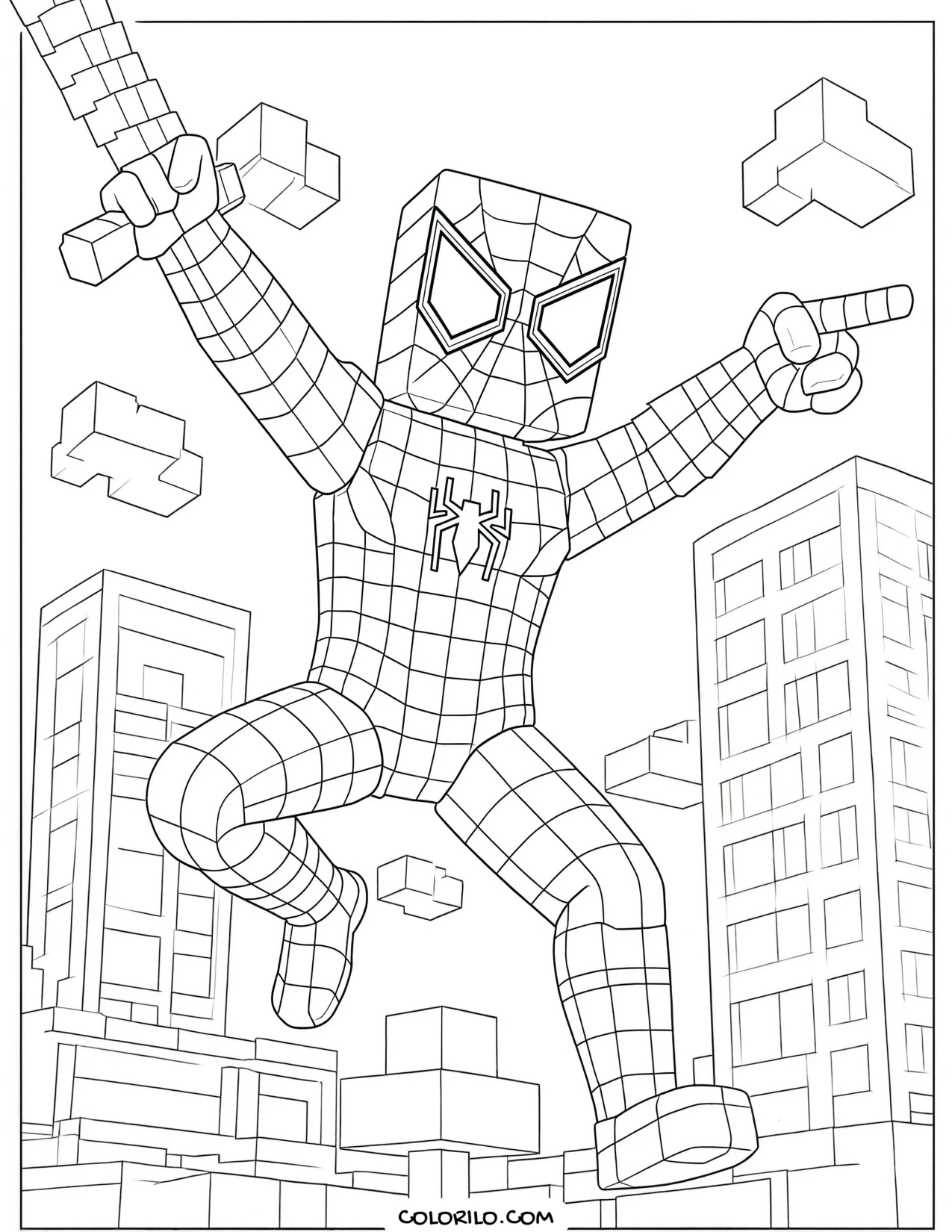 A blocky Spider-Man swinging on a web coloring page