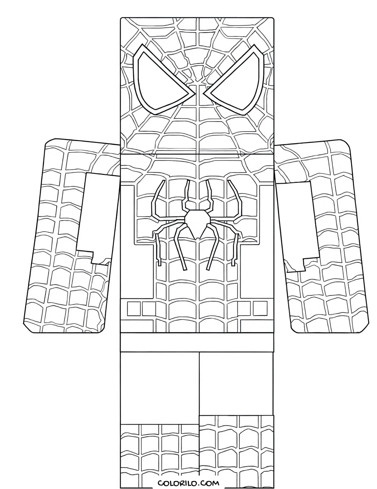 Spider-Man drawn in a blocky game style coloring page