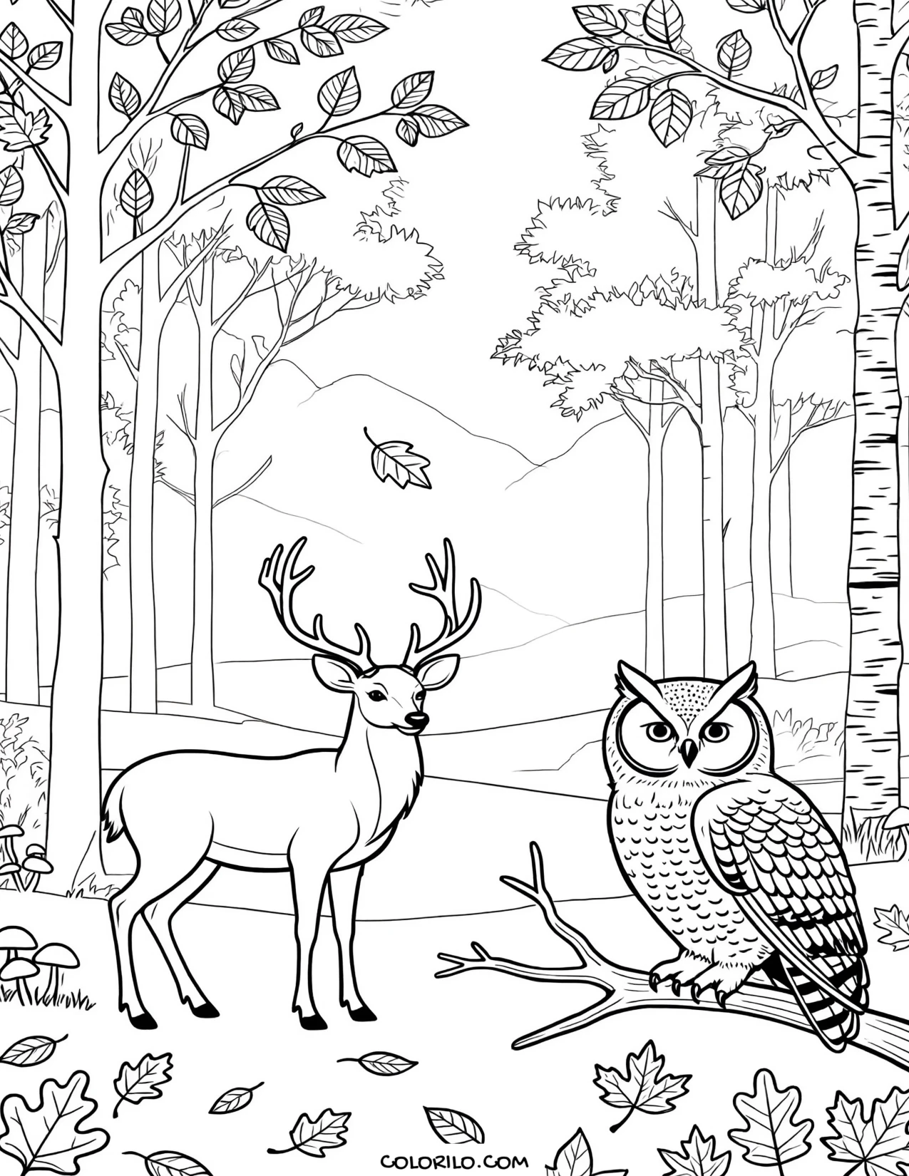 A deer and an owl in a misty autumn forest coloring page