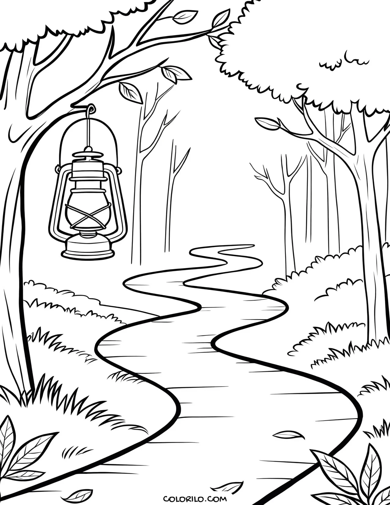 A lantern-lit path through misty woods coloring page