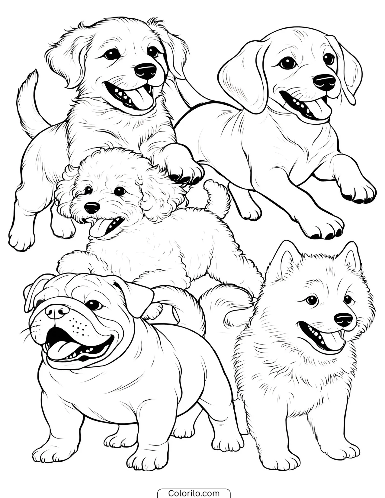 A group of puppies playing together coloring page
