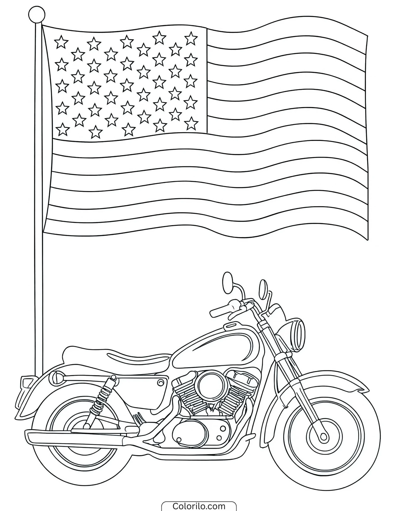 Motorcycle flying an American flag coloring page