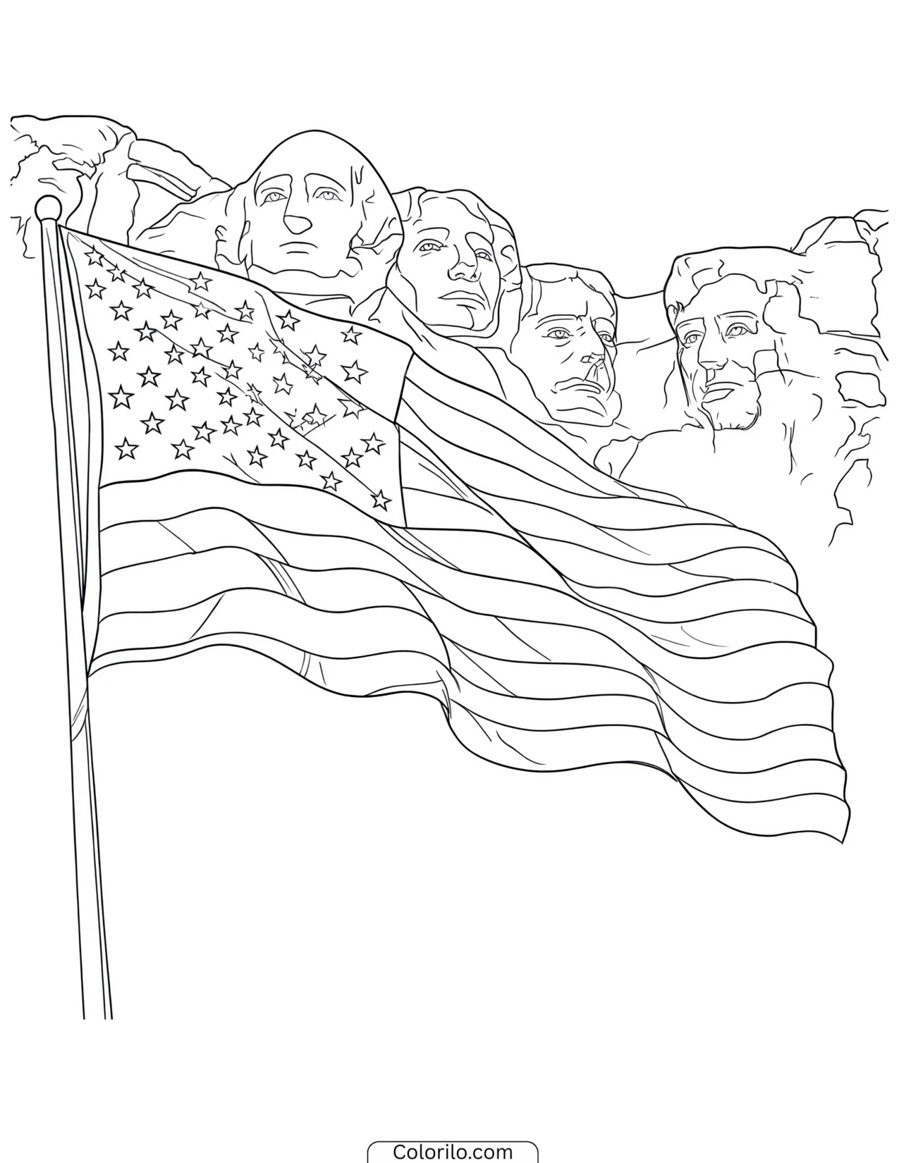 American flag before Mount Rushmore coloring page