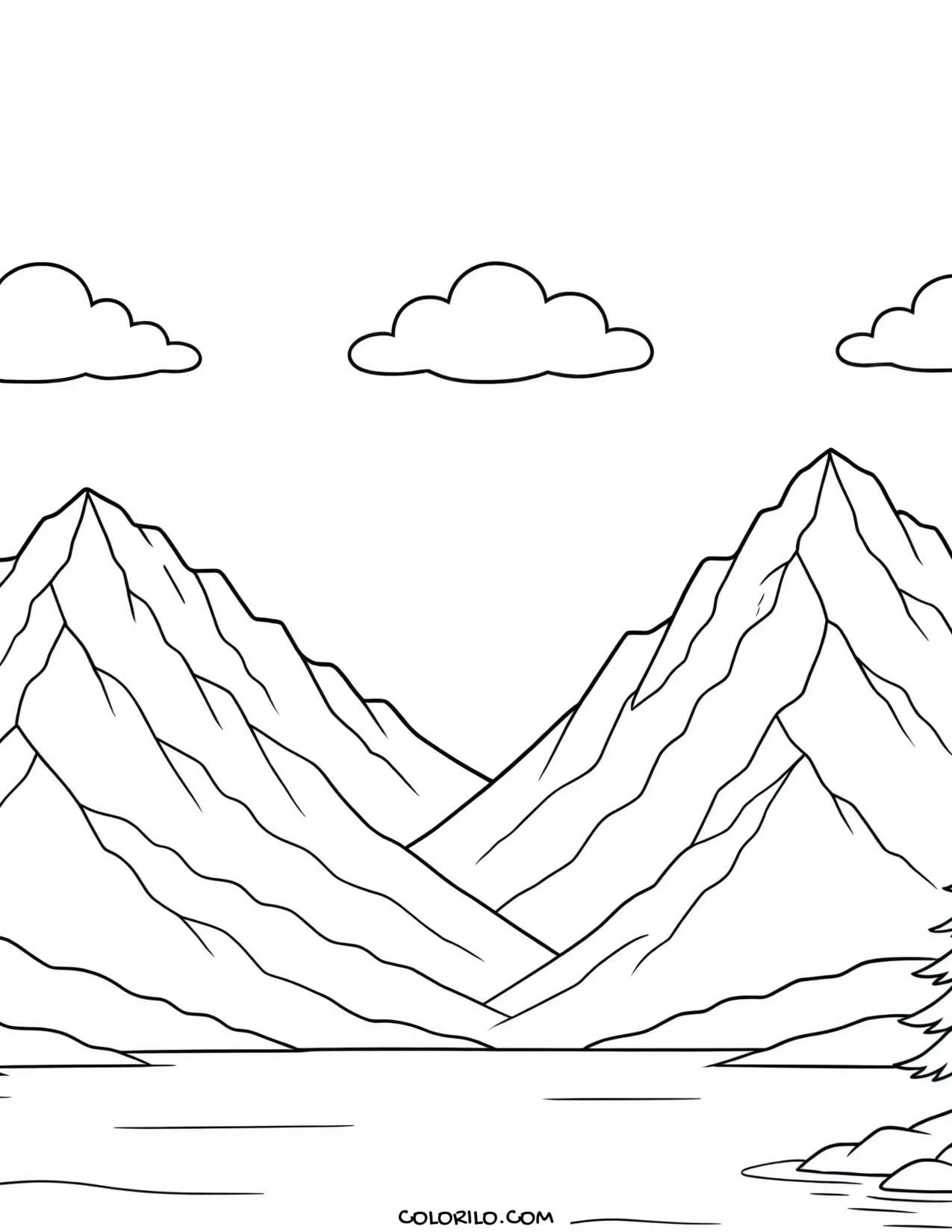 a still lake below snow-capped mountains coloring page