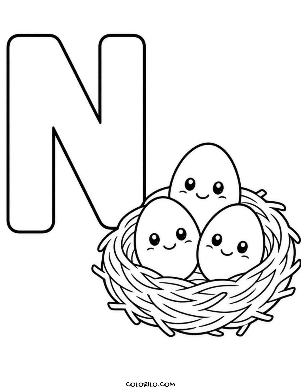 The letter N with a nest coloring page