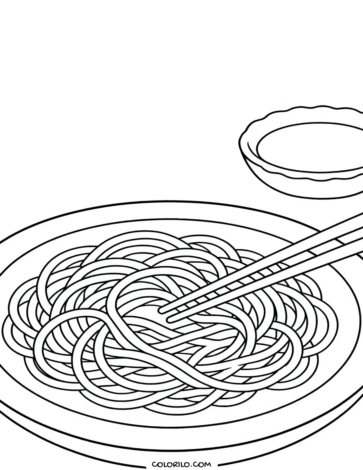 A plate of noodles with chopsticks and sauce coloring page
