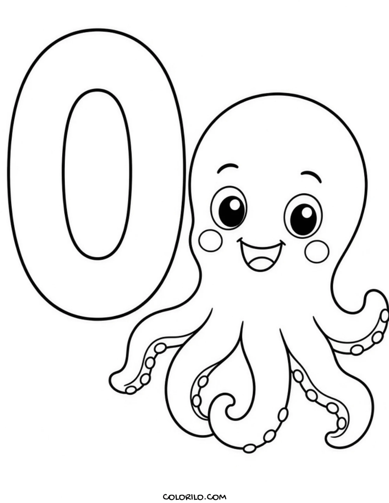 The letter O with an octopus coloring page