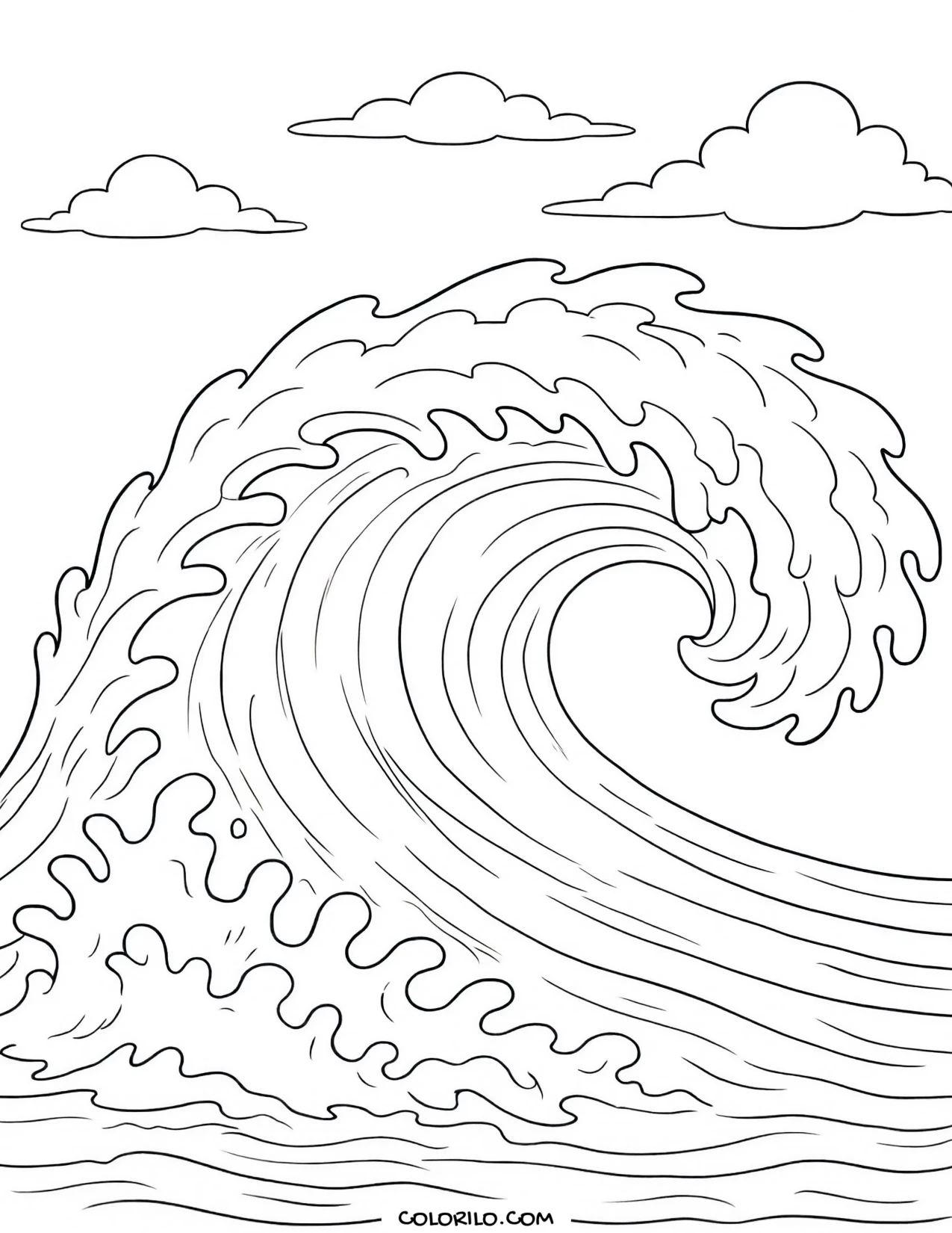 a breaking ocean wave curling over coloring page