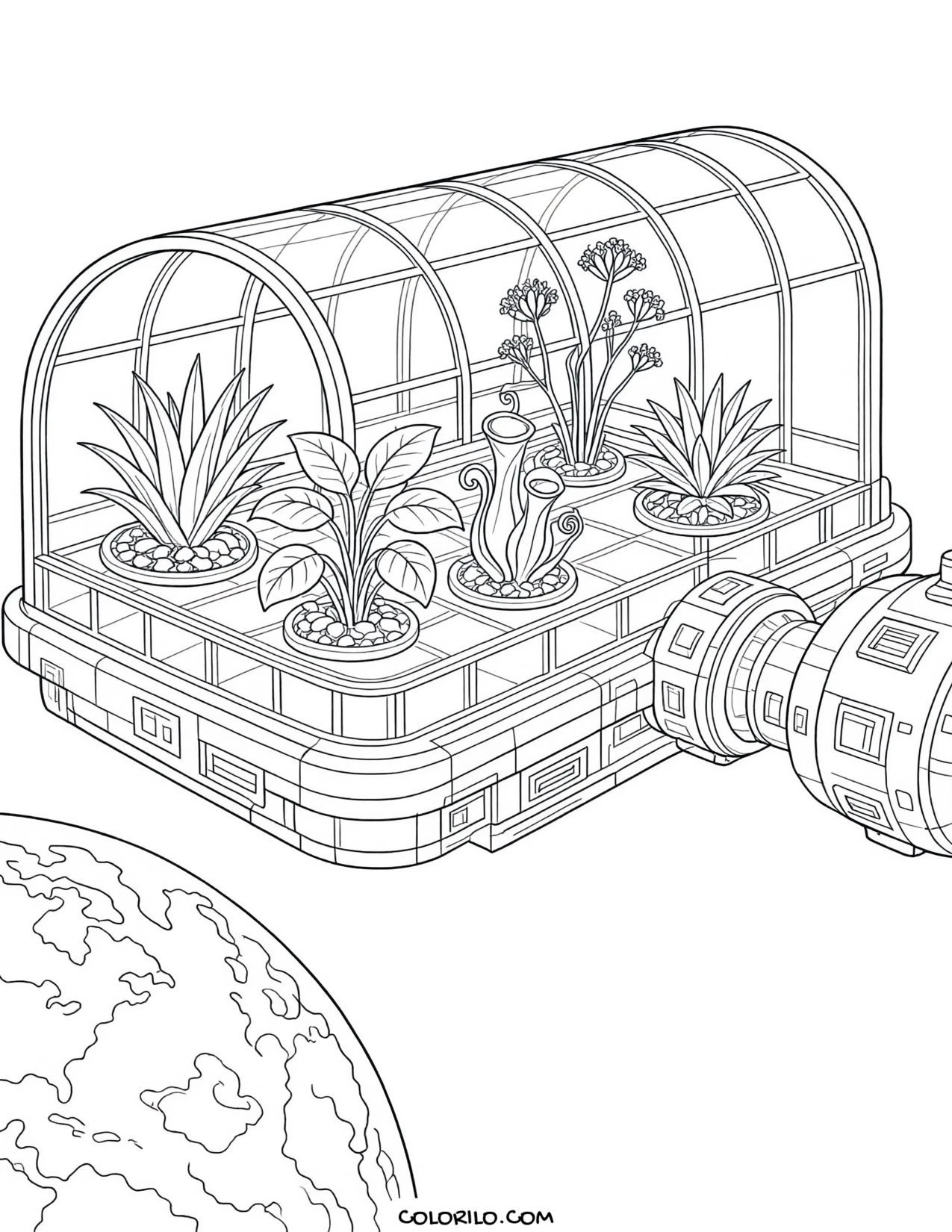 A greenhouse module in orbit coloring page
