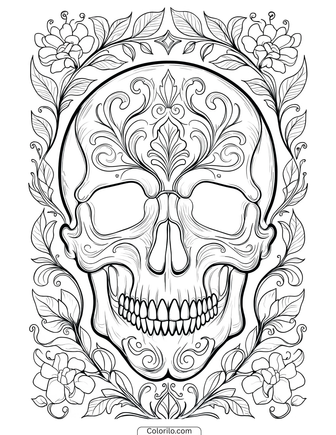 Ornate skull framed by a floral border coloring page