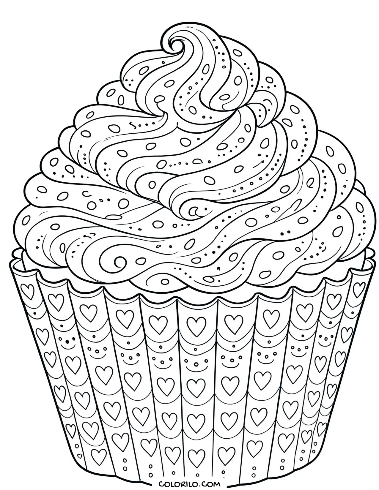 An oversized cupcake with detailed icing swirls coloring page