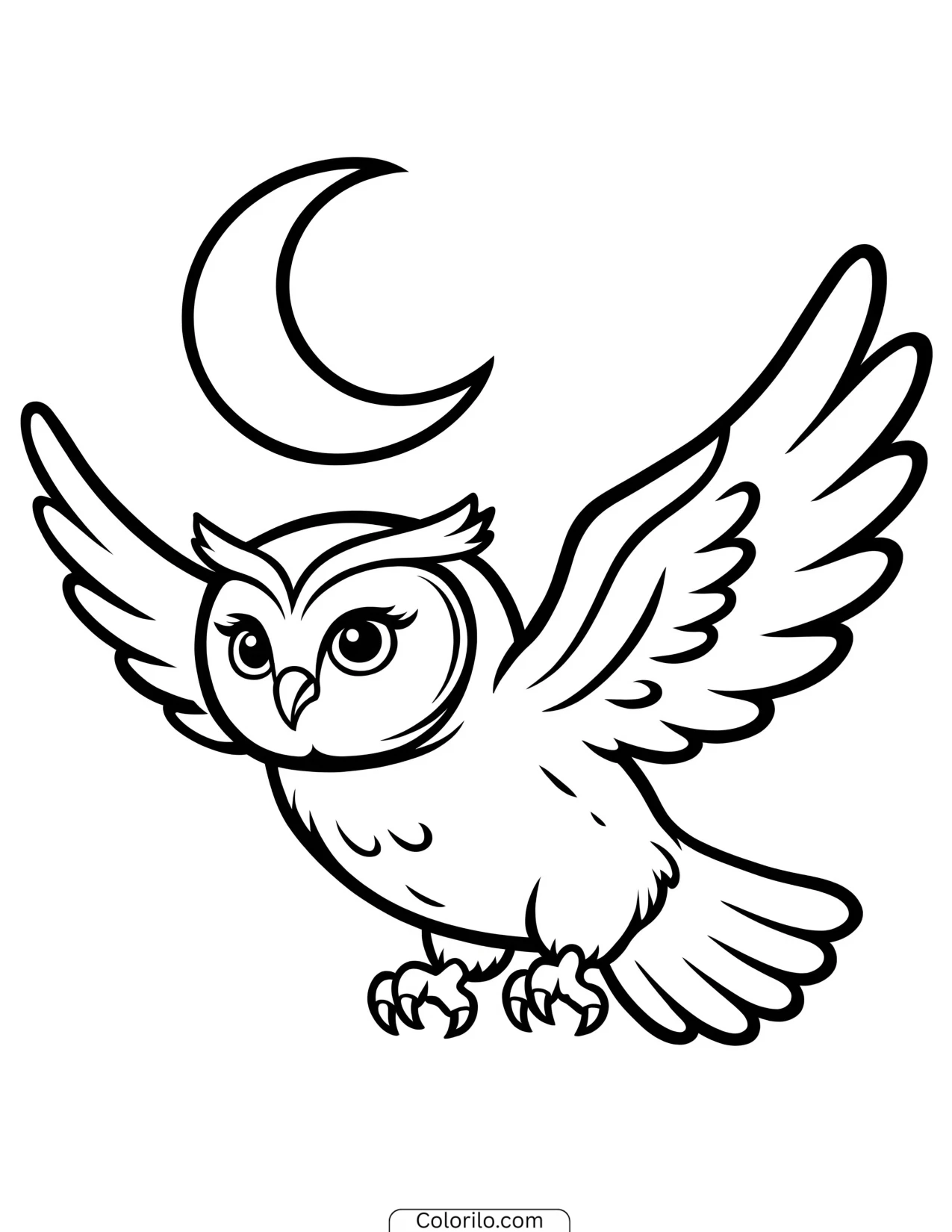 Owl flying beneath a crescent moon coloring page
