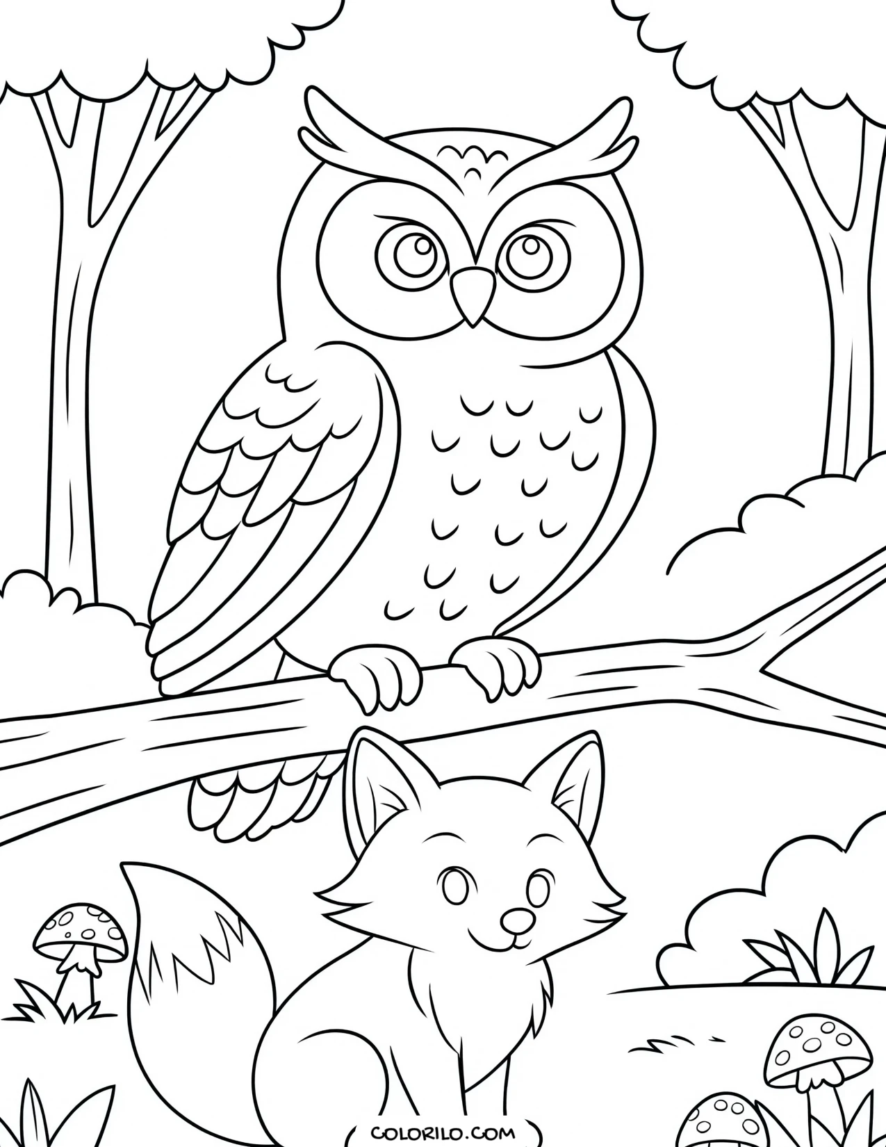 An owl and a fox meeting in the woods coloring page