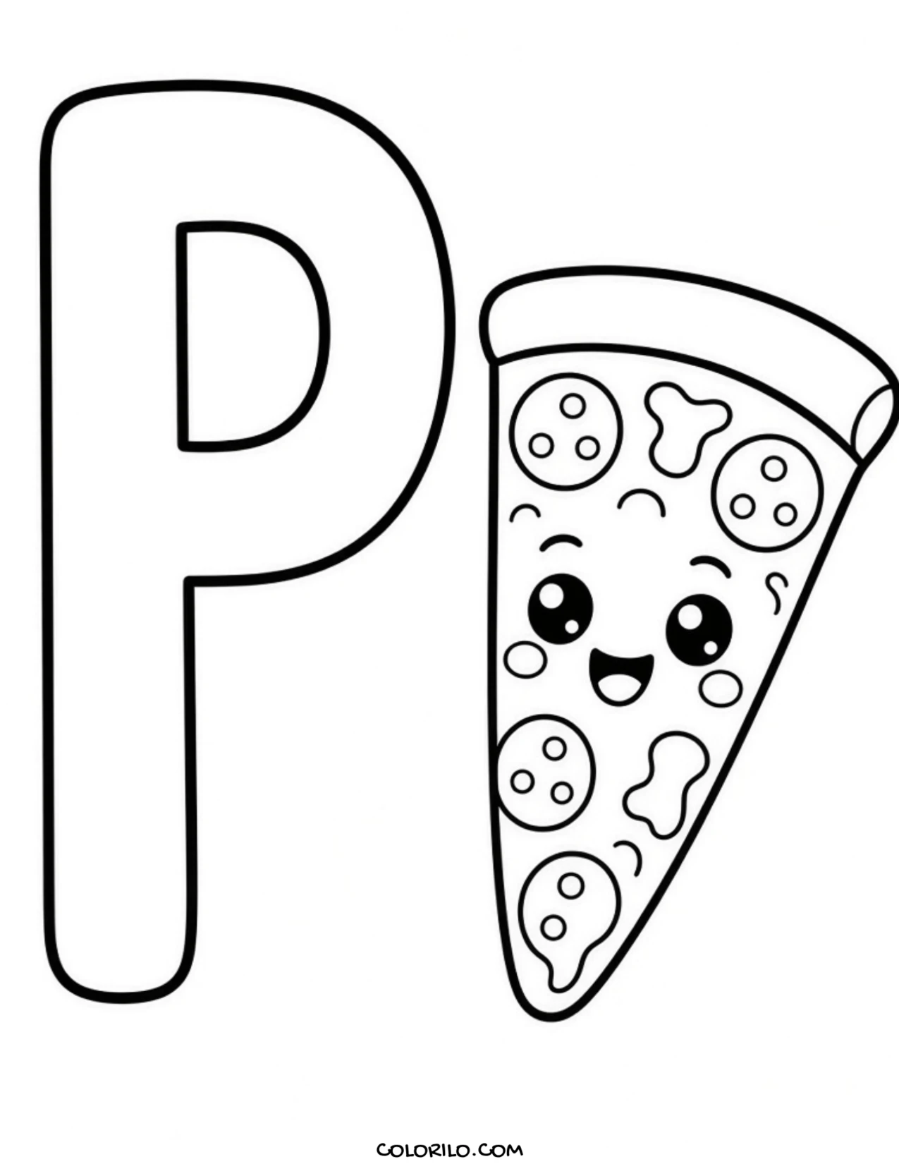 The letter P with a pizza coloring page