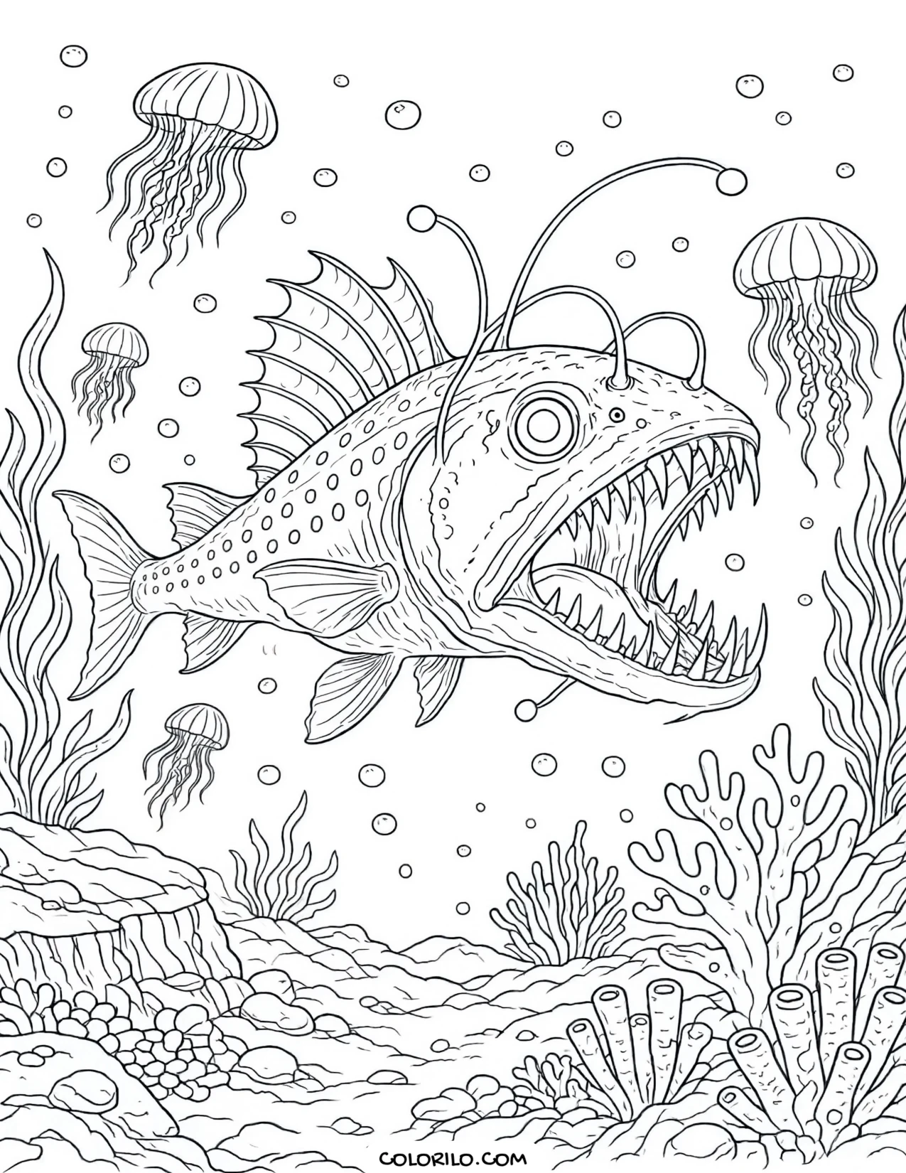 A Pacific viperfish in the deep ocean coloring page