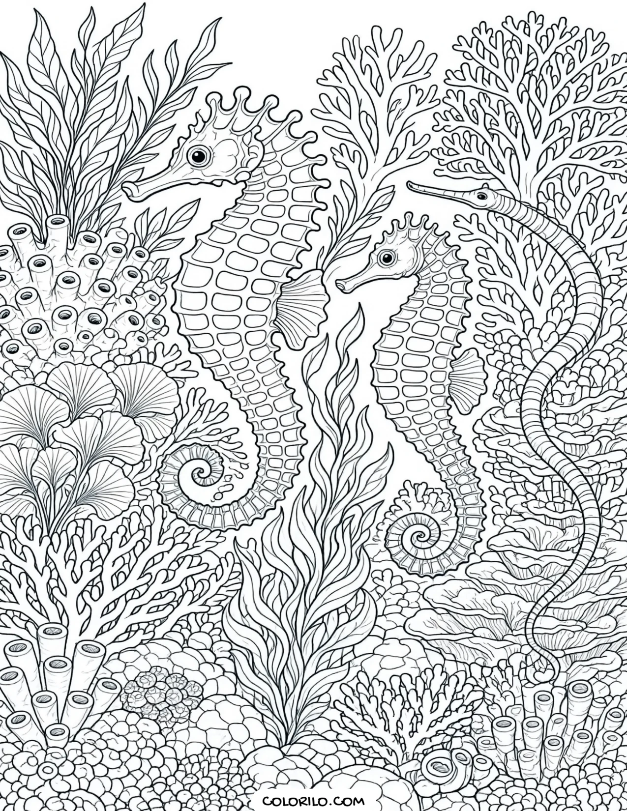 A pair of seahorses among detailed coral coloring page