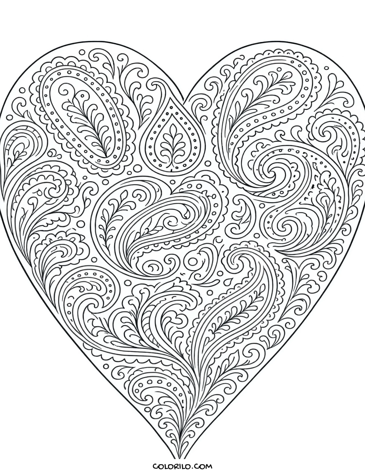 A heart filled with paisley pattern coloring page