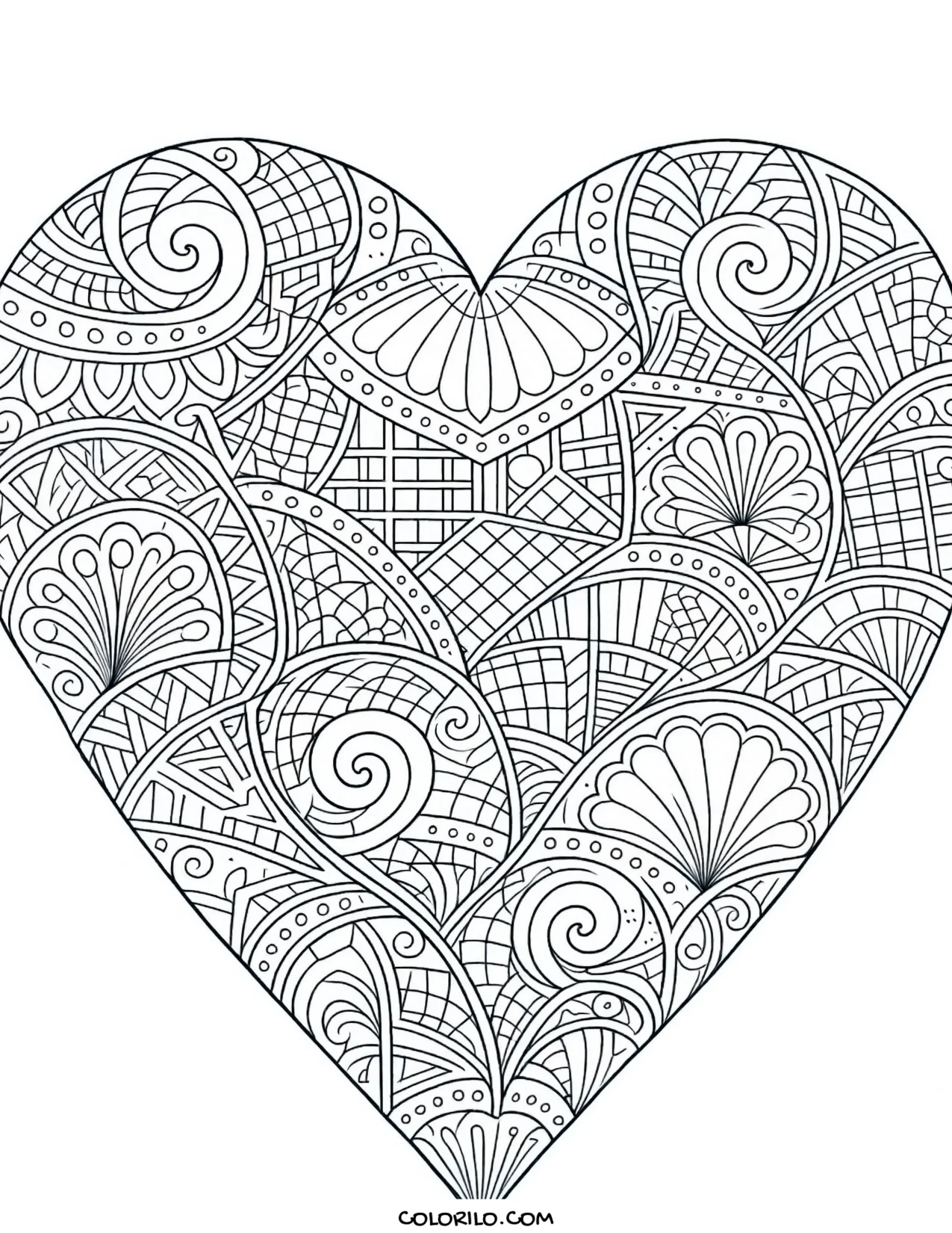 A heart of paisley and zentangle pattern coloring page