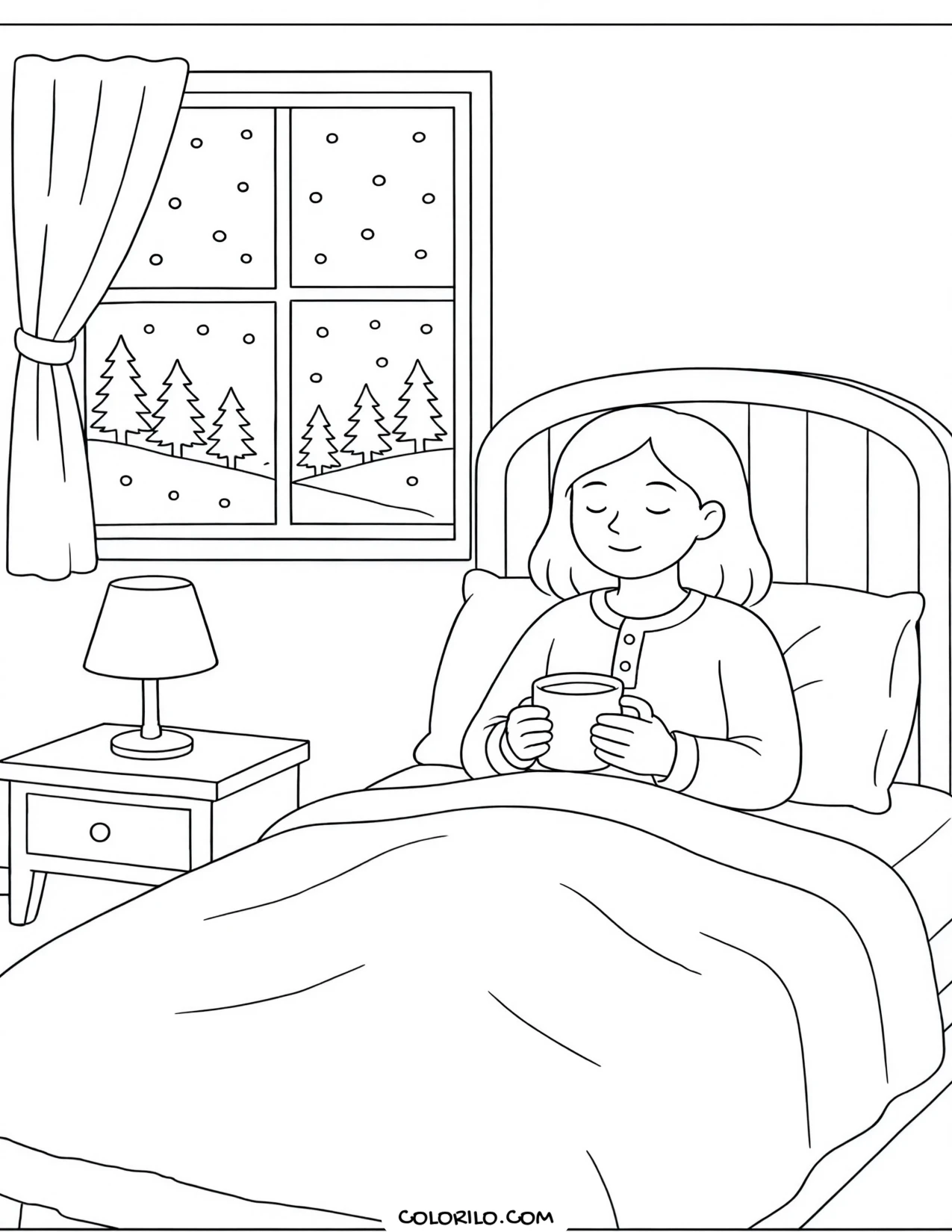 Cocoa in bed in pyjamas coloring page
