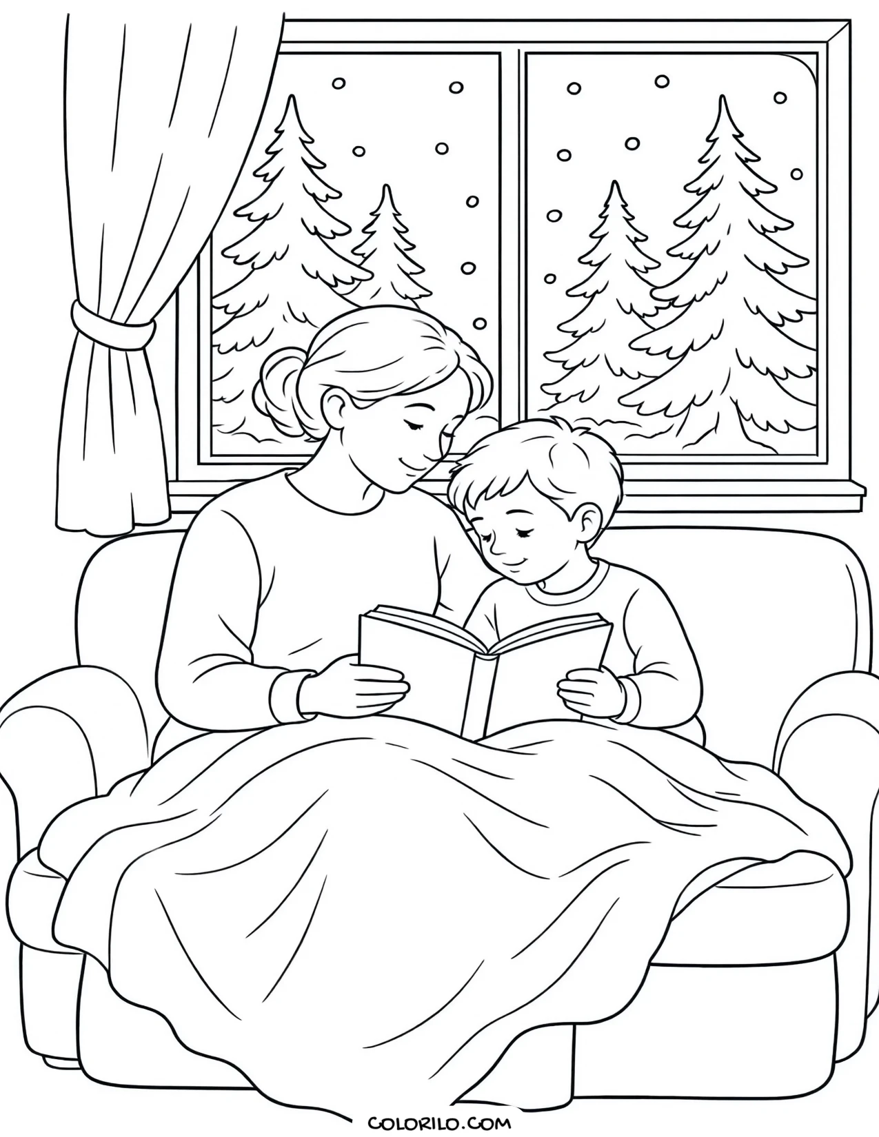 A parent and child reading together coloring page