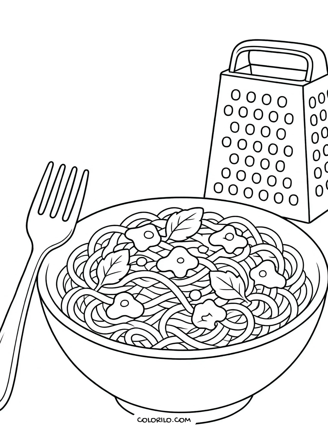 A bowl of pasta with a fork and grater coloring page